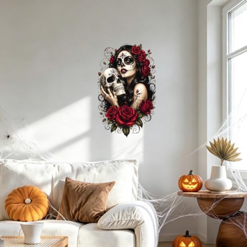 Sugar Skull Woman Wall Decals Peel and Stick Gothic Floral Wall Stickers, Day of the Dead Style Removable Vinyl Wall Decor, Rose Skull Wall Art for Bedroom Living Room Halloween Party Decorations - Image 5