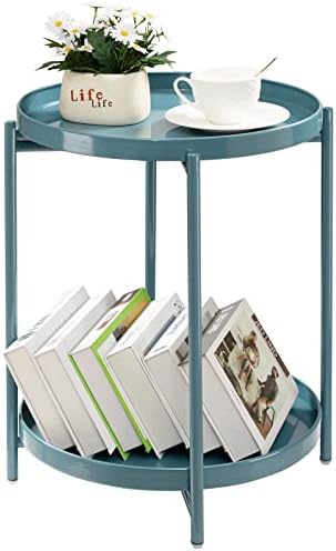 TeoKJ 2 Tier Round Side Table, Folding Round Metal End Table Small Nightstand with Two Removable Tray for Bedroom Living Room Bedside Small Spaces Blue Gray by TeoKJ