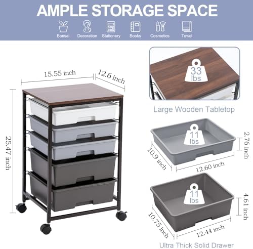 SYKIARIOL Utility Cart with Drawers,5 Drawers Storage Cart,Dark Grey - Image 3
