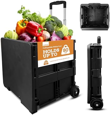Inspired Living Collapsible Ultra-Slim Pack-N-Roll,2 Wheel Utility Cart w/Lid used as Seat up to 250 Lbs, Telescopic Handle - Super Strong, for Home, Garden, Shopping, Office, School use, Large, Black by Inspired+Living