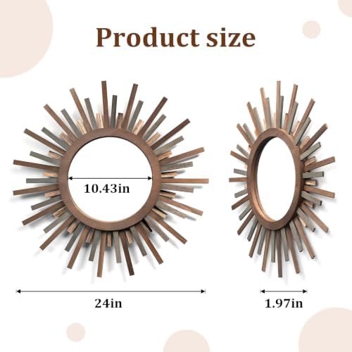 24 Inch Boho Sunburst Mirror, Decorative Rustic Farmhouse Wall Decor for Living Room, Bedroom, Bathroom, Hallway - Tricolor Wood Frame - Image 3