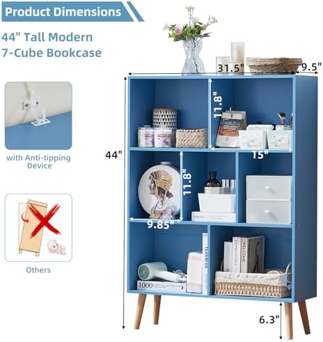 LEYAOYAO Cube Bookshelf, Mid-Century Modern Book Shelf with Legs, Blue - Image 3
