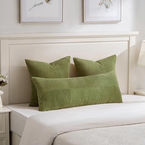 Fancy Homi 2 Packs Moss Green Decorative Throw Pillow Covers 20x20 Inch for Living Room Couch Bed Sofa, Farmhouse Boho Home Decor, Soft Corss Corduroy Patchwork Accent Square Cushion Case 50x50 cm - Image 5