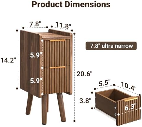 ELYKEN 7.9" Fluted Narrow Nightstand, 20.6" H Skinny Side Table, Walnut - Image 2