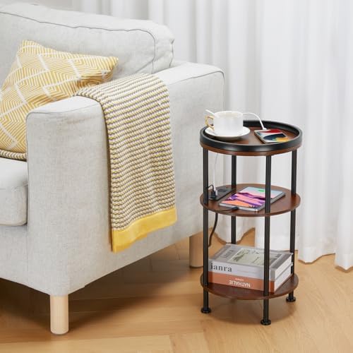 Small Round Side Table with Charging Station for Small Spaces, 3-Tier Accent Table with USB Ports & Power Outlets, Sofa Corner Tea Table for Living Room Nightstand Bedroom Apartment (USB, Cherry) - Image 5