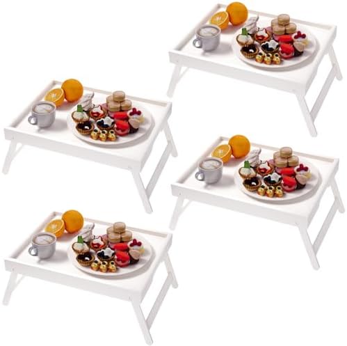 Fibogollo 4 Pack Bamboo Bed Tray Table with Folding Legs,Breakfast Trays,Serving Tray for Food and Snack,Laptop Trays for Working(White) by Fibogollo