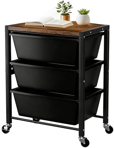 Rolling Cart with 3 Drawers, Plastic Drawer Storage Carts with Lockable Wheels & Wooden Tabletop, Metal Utility Cart Organizer, Office Bedroom Classroom Craft Organization and Storage, Dark Black by TimeForest