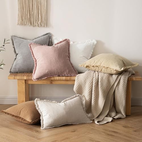 MIULEE Boho Linen Fringe Decorative Euro Throw Pillow Covers White 28x28 - Image 5