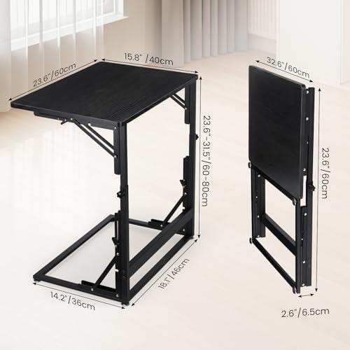 Folding Side Table, Adjustable C-Shaped End Table for Couch, Metal Frame TV Tray Table for Sofa Living Bedroom Bedside Coffee Small Spaces (Black, 23.6" L x 15.8" W) - Image 2