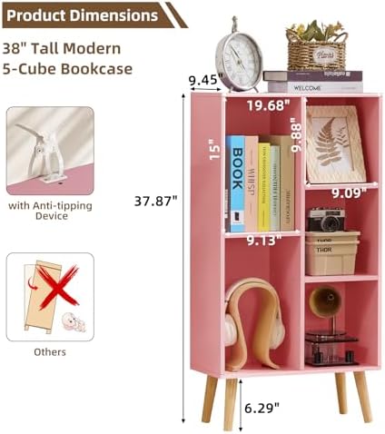 LEYAOYAO 5 Cube Bookshelf,Mid-Century Modern Bookcase with Legs,Light Pink - Image 2