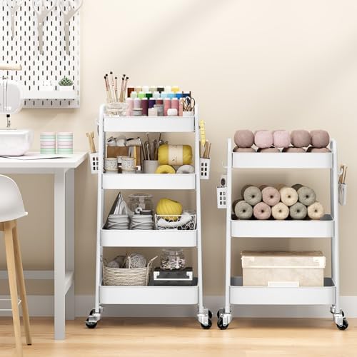 TOOLF 4 Tier Rolling Cart, Metal Utility Storage Cart with Pegboard, White | 2 Bins & 4 Hooks, Screwless Assembly, Lockable Wheels, Trolley Organizer for Bathroom, Kitchen, Office, Dorm, Craft Room - Image 2