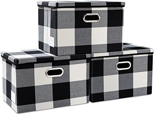PRANDOM Large Collapsible Storage Bins with Lids [3-Pack] Fabric Foldable Storage Boxes Organizer Containers Baskets Cube with Cover for Home Bedroom Closet Office Black and White (17.7x11.8x11.8) by Prandom