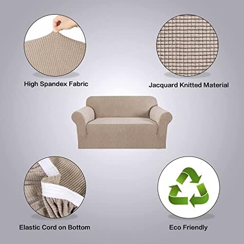 H.VERSAILTEX Stretch Couch Cover Loveseat Covers for 2 Cushion Couch Slipcover|Sofa Cover for Love seat 1 Piece with Elastic Bottom, Checked Jacquard Fabric(Loveseat 58'-70' Wide, Sand) - Image 4