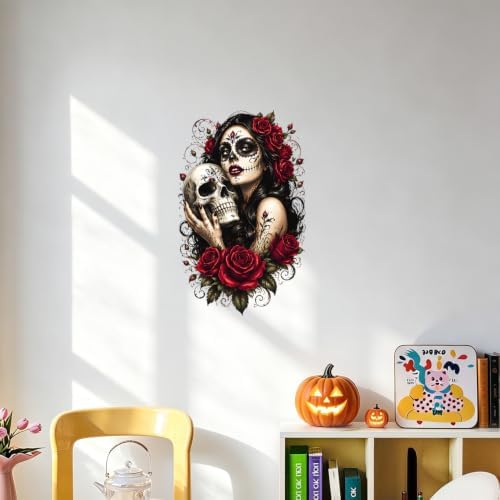 Sugar Skull Woman Wall Decals Peel and Stick Gothic Floral Wall Stickers, Day of the Dead Style Removable Vinyl Wall Decor, Rose Skull Wall Art for Bedroom Living Room Halloween Party Decorations - Image 7