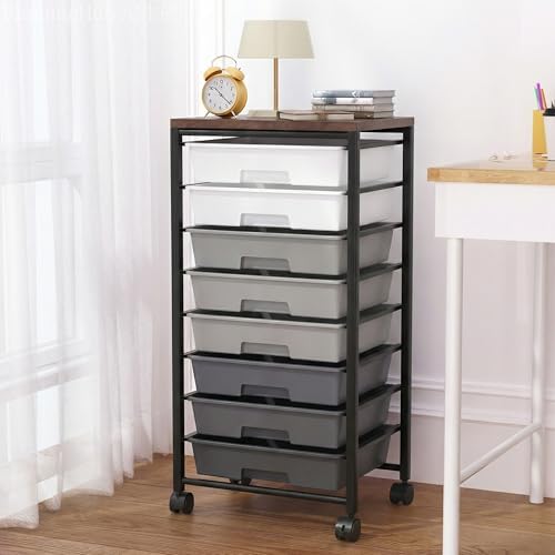 Rolling Cart with 8 Drawers, Storage Drawers Cart with Wooden Tabletop and Lockable Wheels, Craft Storage for Living Room, Office, Classroom, Craft Room, Bedroom (Gray) by Unknown