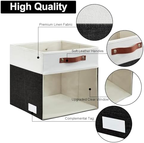 Bagnizer Storage Cubes, 4 Pack Linen Foldable Storage Bins with Clear Window and 2 Handles, 13x15x13 Storage Cube Bins for Shelf Closet, Kallax, Clothes, Books - (Black / Off-White) - Image 4