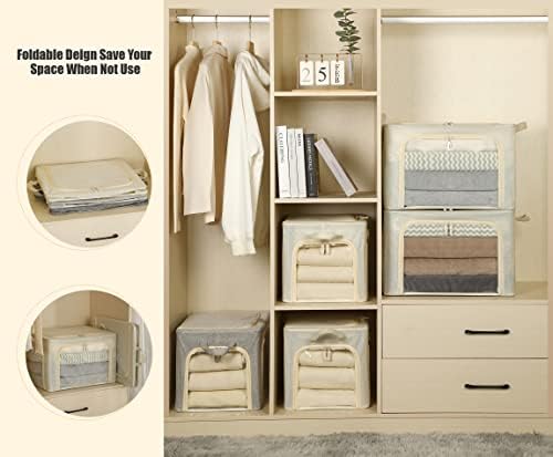 3 Openings Large Clothes Storage Bins with Metal Frame, Foldable Storage Bin for Clothes,Clothing Storage Bins with Lid, Linen Storage Box With Clear Window＆ Zippers＆ Durable Handles.(3 Pcs,Beige,66L) - Image 5