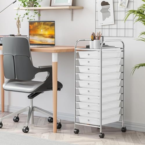 10-Drawer Rolling Storage Cart, Trolley w/Lockable 360° Wheels, 10 Removable PP Drawers, Sturdy Metal Frame, Rolling Utility Cart Perfect for Home, Office, Classroom (Clear) - Image 2