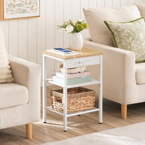 HOOBRO Side Table with Charging Station and USB Port, Small End Table for Small Space, 3-Tier Nightstand with Adjustable Shelf, for Living Room, Bedroom, Natural and White WN112BZ01 - Image 5