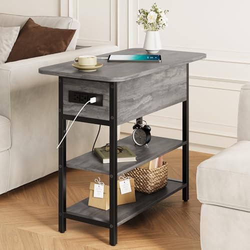Yoobure End Table with Charging Station, Flip Top Side Table with USB Ports and Outlets, Sofa Couch Table Bedside Table for Living Room Bedroom, Narrow Nightstand with Shelves for Small Space Gray - Image 2