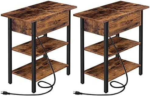 HOOBRO Set of 2 End Tables, Side Table with Charging Station, Flip Top Nightstand with USB Ports and Outlets, Bedside Tables with Shelf for Small Spaces, Living Room, Bedroom, Rustic Brown BF341BZP201 by HOOBRO