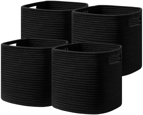 UBBCARE Set of 4 Storage Bins - 11 X 10.5 X 10.5 in, Cotton Rope Bins for Shelves, Toys, Books, Cube Storage with Handles, Woven Black Basket for Organizing by UBBCARE
