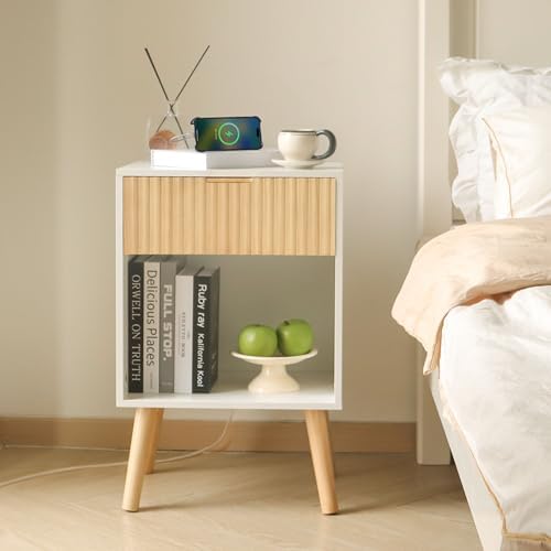 Fultyle Night Stand with Charging Station, Fluted Bedside Table with Drawer - Image 3