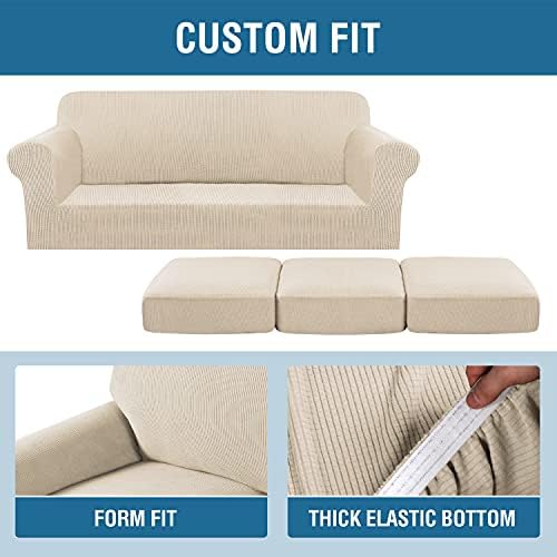 H.VERSAILTEX 4 Piece Stretch Couch Covers for 3 Cushion Couch Sofa Furniture Slipcovers Feature Upgraded Thicker Jacquard Fabric (Sofa, Natural) - Image 6