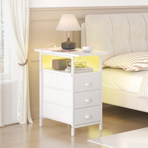sthmec End Table with Charging Station,LED Side Tables with USB Ports and Outlets,Narrow Nightstands Bedside Tables with 3 Drawers PU Finish for Small Space,Slim Sofa Table for Livingroom,White - Image 7