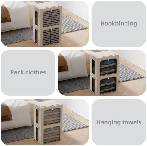 FHSQX 2 Pack Clear Window Storage Bins - Large Stackable Linen Fabric Storage for Clothes Foldable Container Organizer Set with Carrying Handles (Beige, 16.5x 12.2x 12.2Inch) - Image 3