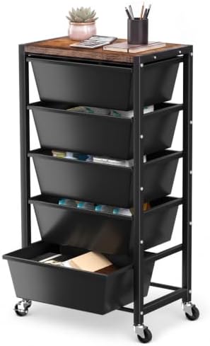 Rolling Cart with 5 Drawers, Plastic Drawer Storage Carts with Wheels & Wooden Tabletop, Metal Utility Cart for Office Bedroom Living Room Classroom, Craft Organization and Storage, Black by TimeForest