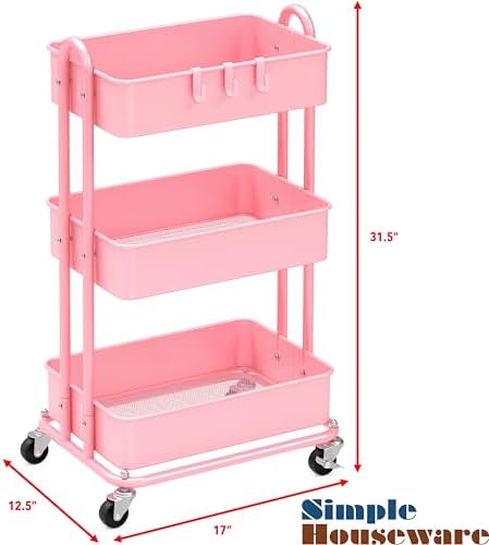 Simple Houseware 3-Tier Heavy Duty Metal Utility Rolling Cart, Pink - Image 6