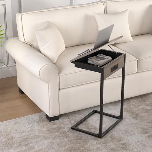 sthmec C Shaped End Table with Charging Station,45° Tiltable Adjustable Flip Top Side Table Set of 2,Small C Table Set 2 for Small Spaces,Slide Under Couch Sofa Bedside Table Living Room,Grey - Image 2