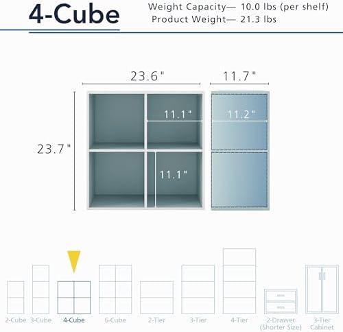 Homes: Inside + Out Apexa 4-Cube Storage Organizer Shelves, Stackable Wood Bookcase Fits Cubby Bins for Organization, Dorm Teen Room Decor & Home Office, Light Blue - Image 3
