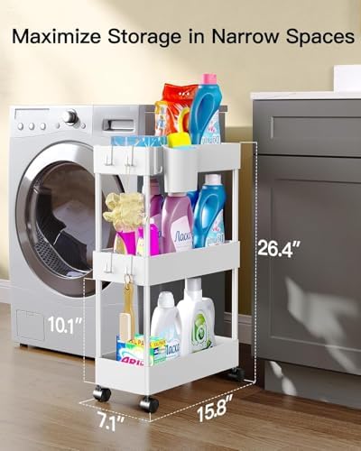 Pipishell 3 Tier Slim Storage Cart with Wheels, Bathroom Cart, White - Image 2