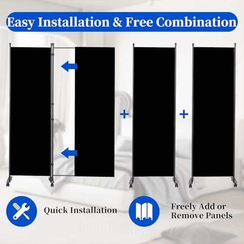 Room Divider 6FT 4 Panel Folding Privacy Screen with Lockable Wheels,Black - Image 3