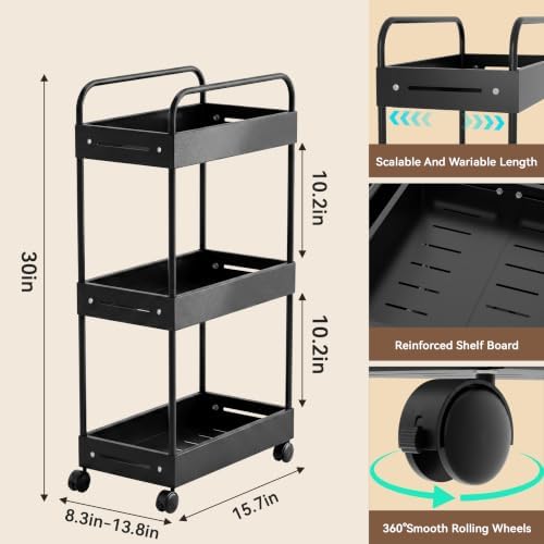 3 Tier Expandable Rolling Storage Cart, Rolling Utility Cart with Wheels - Image 7