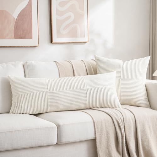 Fancy Homi Set of 2 Cream White Boho Long Lumbar Body Decorative Throw Pillow Cover 14x36 Inch for Bed Couch Bedroom Bench, Soft Patchwork Corduroy Textured Pillow Case, Rustic Farmhouse Room Décor - Image 5