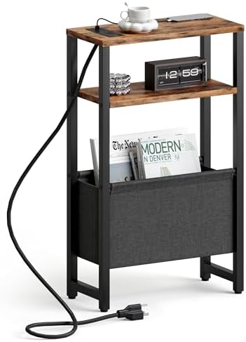 Narrow Side Table with Charging Station Slim End Table Sofa with Magazine Rack, Bedside Table for Small Spaces, 3 Tier Nightstand for Living Room Couch, Bedroom Rustic Brown LET503RE by IRCPEN