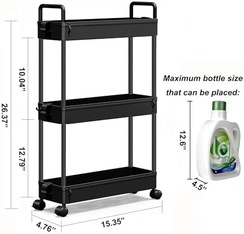 SOLEJAZZ Slim Rolling Storage Cart Skinny Bathroom Organizer, 3 Tier, Black - Image 2