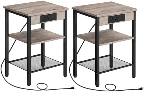 HOOBRO Side Tables Set of 2 with Charging Station and USB Port, Small End Tables for Small Space, 3-Tier Nightstands with Adjustable Shelf, for Living Room, Bedroom, Greige and Black BG112BZP201 by HOOBRO
