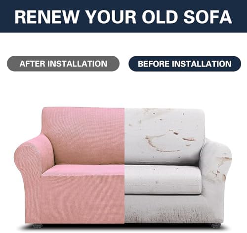Cupuamon 2026 New Stretch Loveseat Sofa Slipcovers Couch Cover for 2 Cushion Furniture Protector Sofa Covers with Elastic Bottom Jacquard Fabric Small Checks for Pets, Kids - Dusty Pink - Image 5