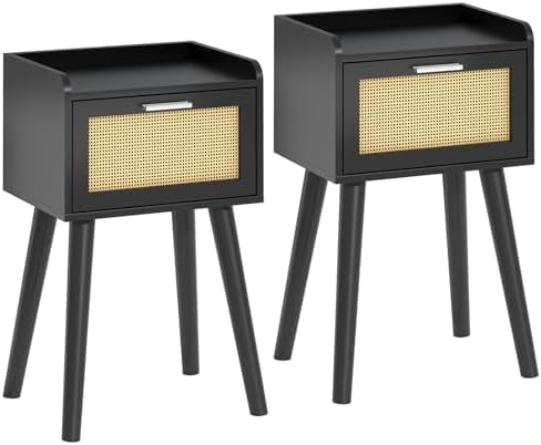 LAATOOREE Nightstand Set of 2, Small Bed Side Table with Rattan Door by LAATOOREE