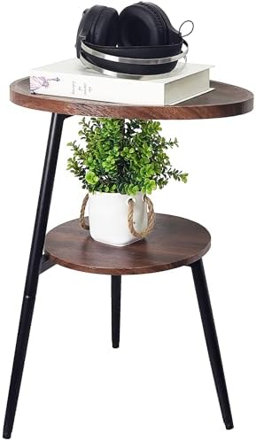 Side Table Small End Table, Oval Round Wood Sofa Table, 2 Tier Accent Table Nightstand Bedside Table with Metal Frame for Living Room, Bedroom, Small Spaces (Rustic Brown) by GUPZTY
