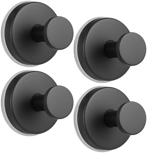 Suction Cup Hooks for Shower No-Drill Bathroom Hooks for Towels, Robes, Loofah Mountable on Bathroom Walls, Kitchen, Glass, Mirrors, Tile and Smooth,Non-Porous Surfaces (4, Matte Black) by Fenas