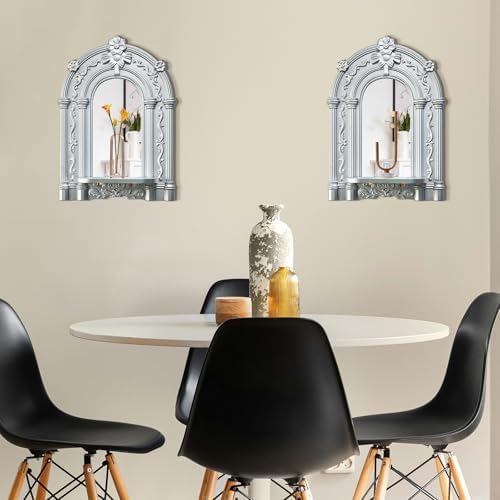 2 Set Vintage Candle Wall Sconce for Home Decor Living Room Bedroom Office Wood Antique Mirrored Victorian Mounted Candlestick Wall Holder Relief Hanging Decor -Silver 11.8in - Image 4