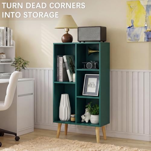 YAHARBO Small Dark Green Bookshelf,3 Tier Modern Kids Bookcase with Legs,5 Cube Wooden Bookshelves Storage Shelf,Book Shelves Organizer,Display Bookcases Cabinet for Room Nursery Study - Image 4