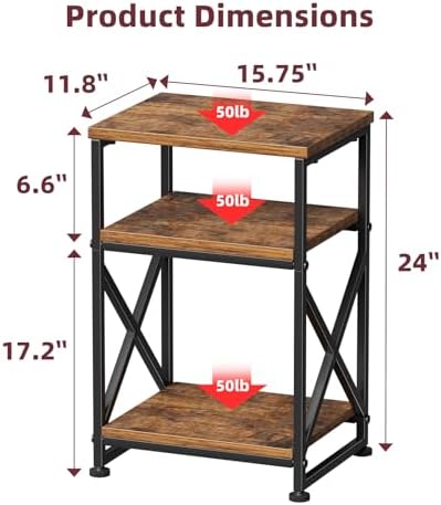 Simple Trending Side Table, End Table with 3 Tiers Open Shelves, Bedside Table for Sofa Couch, Nightstand, Living Room, Bedroom, Rustic Brown - Image 3