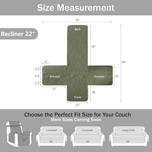 Green Quilted Recliner Covers, Water-Repellent Recliner Slipcovers, Recliner Covers Stay in Place, Pet Friendly Recliner Cover for Dogs, Washable Chair Protector (Recliner 22", Olive Green) - Image 6