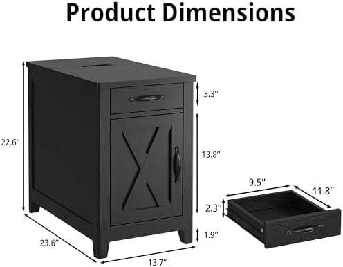 IRONCK Black End Tables Set of 2 Narrow Side Table with Charging Station - Image 3